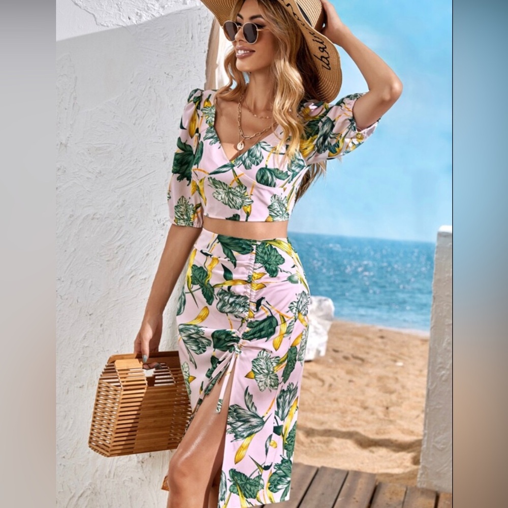 Pink Tropical Leaf Midi Skirt - Women